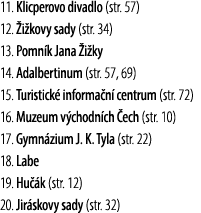 11. Klicperovo divadlo (str. 57) 12. i kovy sady (str. 34) 13. Pomn k Jana  i ky 14. Adalbertinum (str. 57, 69) 15. ...