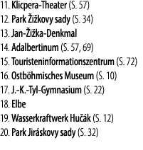 11. Klicpera Theater (S. 57) 12. Park i kovy sady (S. 34) 13. Jan  i ka Denkmal 14. Adalbertinum (S. 57, 69) 15. Tou...