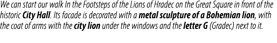 We can start our walk In the Footsteps of the Lions of Hradec on the Great Square in front of the historic City Hall....