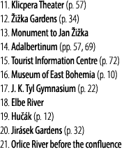 11. Klicpera Theater (p. 57) 12. i ka Gardens (p. 34) 13. Monument to Jan  i ka 14. Adalbertinum (pp. 57, 69) 15. To...