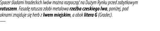 Spacer ladami hradeckich lw w mo na rozpocz   na Du ym Rynku przed zabytkowym ratuszem. Fasad  ratusza zdobi metalow...