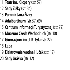 11. Teatr im. Klicpery (str. 57) 12. Sady i ky (str. 34) 13. Pomnik Jana  i ky 14. Adalbertinum (str. 57, 69) 15. Ce...